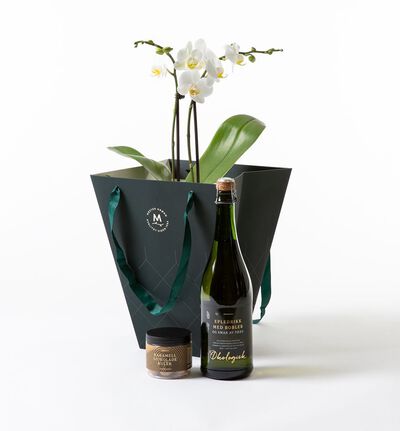 Hvit midi orkide i gavepose med bobler Hvit midi orkide i gavepose med bobler